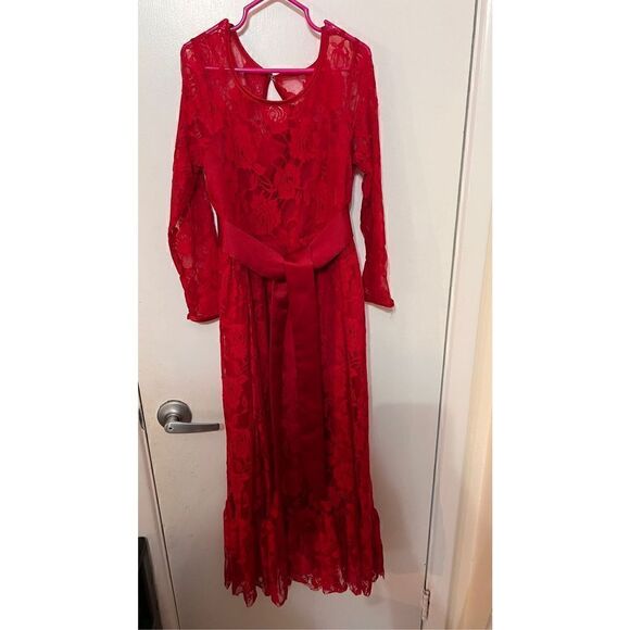 Girls Lace Long Sleeves Scoop Neck Belted Pullover Long Maxi Dress Red Sz 8-9Y - Picture 1 of 10